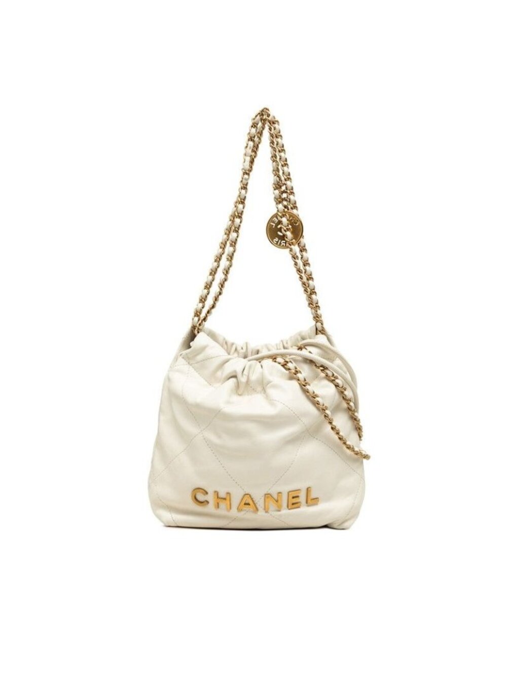 Chanel 22 CC Logo Chain Shoulder Bag Drawstring White Gold Calfskin